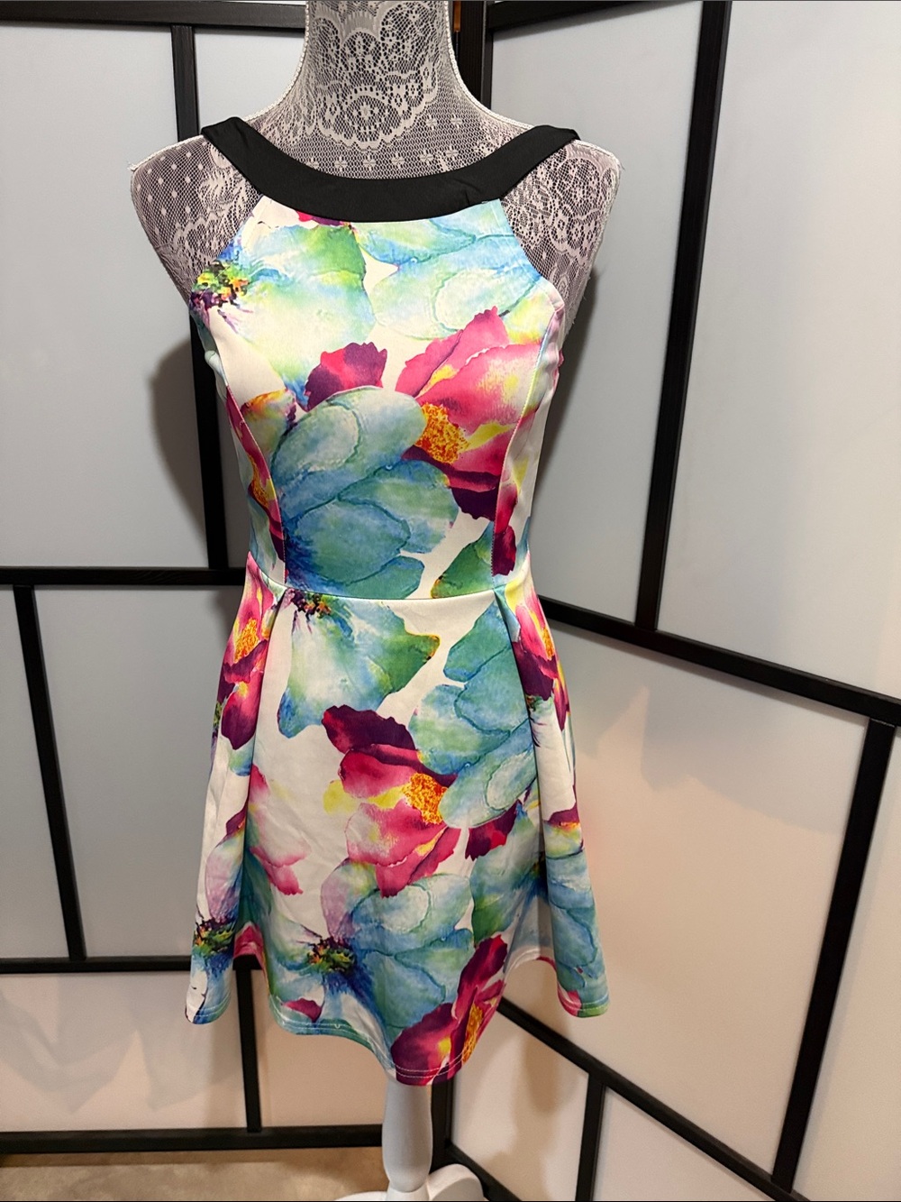 Fancyinn Watercolor Floral Fit & Flare Mini Dress in White, Blue, Pink